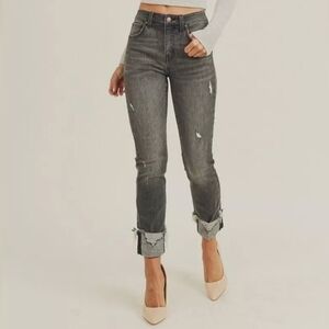 RISEN Mid Rise Frayed Cuff Ankle Straight Jeans